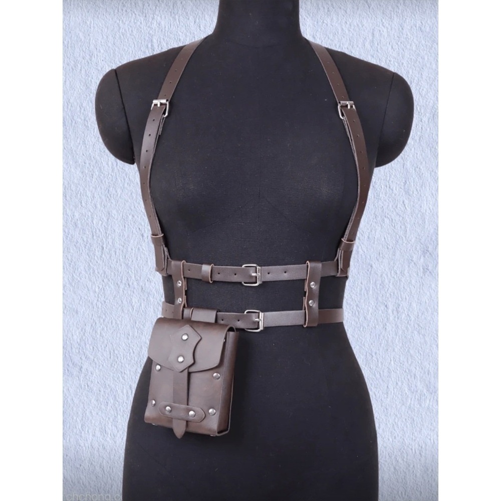 Women’s Brown Leather Harness Belt with Pouch